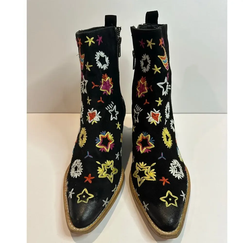 Free People Bowers Embroidered Western Ankle Boots Women’s EU 39 Black NWOB